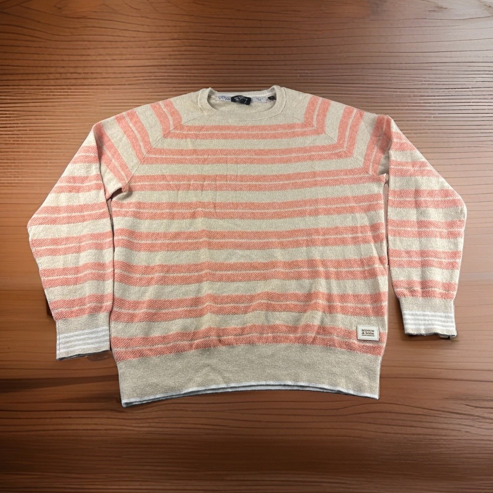 Scotch Soda Sweatshirt Mens M Beige Striped Linen Blend Long Sleeve Crewneck